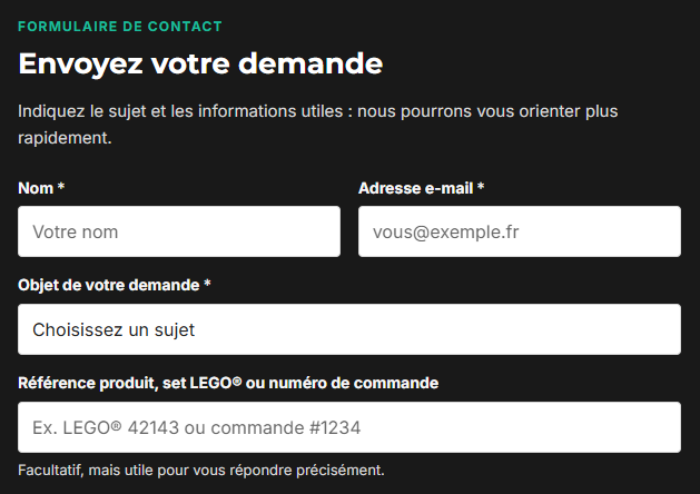 Comment trouver une vitrine LEGO® adaptée à votre set ? 5 Formulaire de contact VitrineFactory avec les champs objet et référence LEGO®